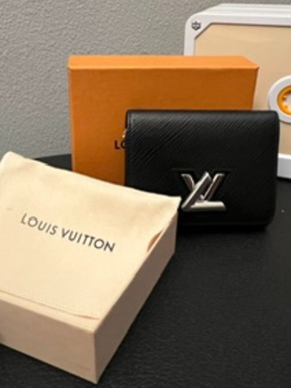 Louis Vuitton Twist Compact Wallet Black Epi Silver Hardware Full Set Microchip